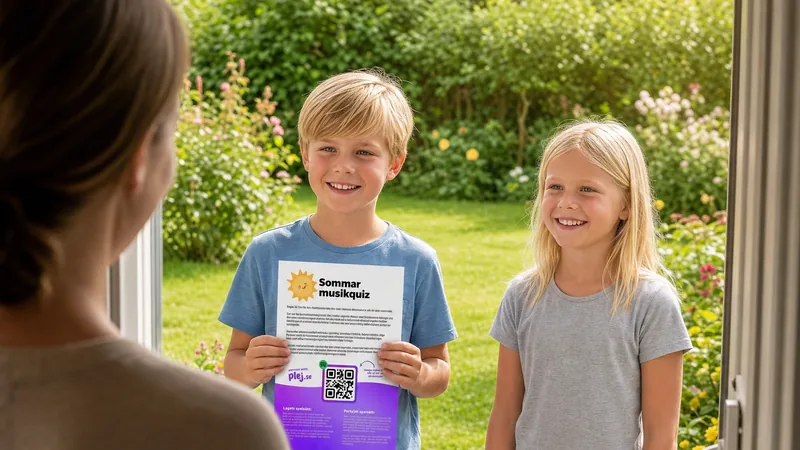 Två barn står i en trädgårdsdörr och håller upp Plej-materialet mot personen som öppnat