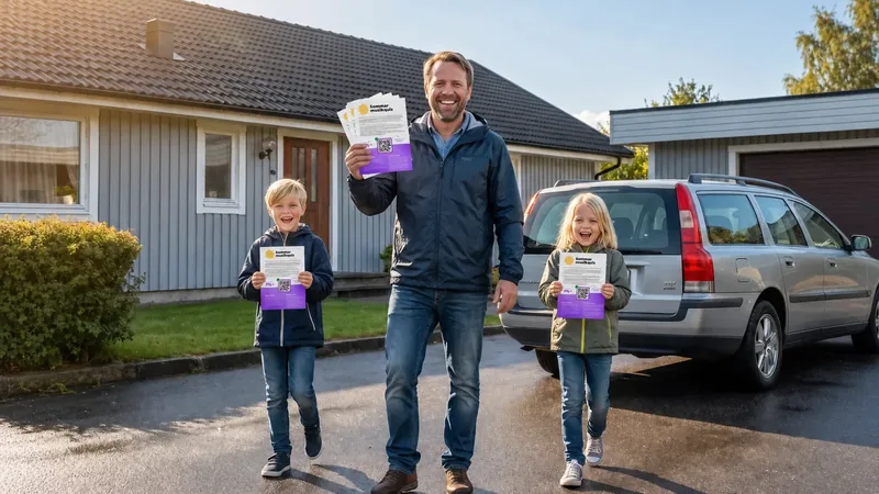 En förälder och två barn går på en uppfart med Plej-material i händerna