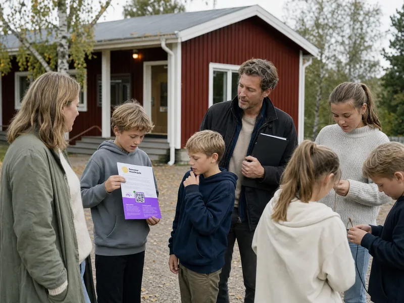 Barn och vuxna samlade utanför en röd klubbstuga en höstdag, en pojke visar upp Plej-materialet