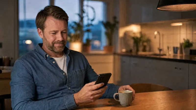 En man sitter vid köksbordet på kvällen och öppnar en länk i telefonen