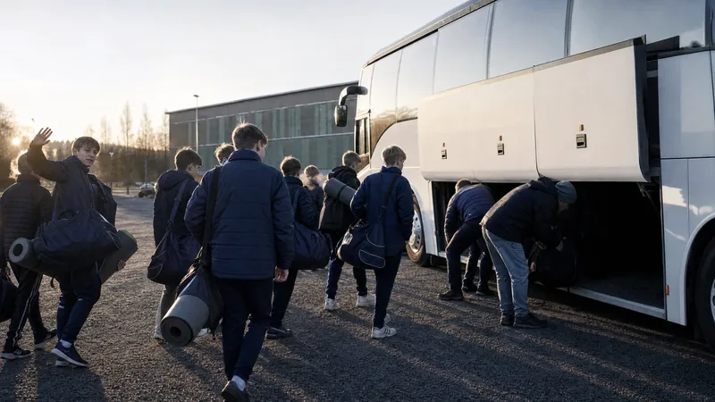 Ett ungdomslag går mot en buss tidigt på morgonen med väskor och liggunderlag