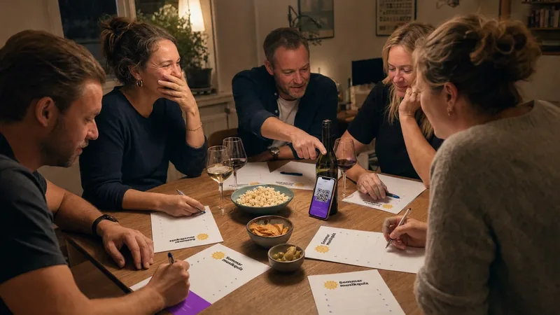 Fem vuxna skrattar runt ett matbord med svarslappar från ett musikquiz framför sig