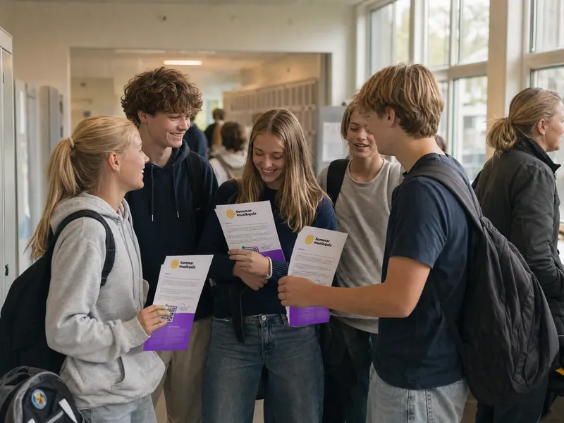 Gymnasieelever med ryggsäckar samlade i en ljus korridor med Plej-material i händerna