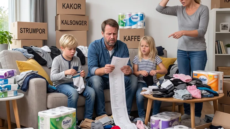 En familj sitter i ett vardagsrum fullt av kartonger och sorterar strumpor mot en lång lista