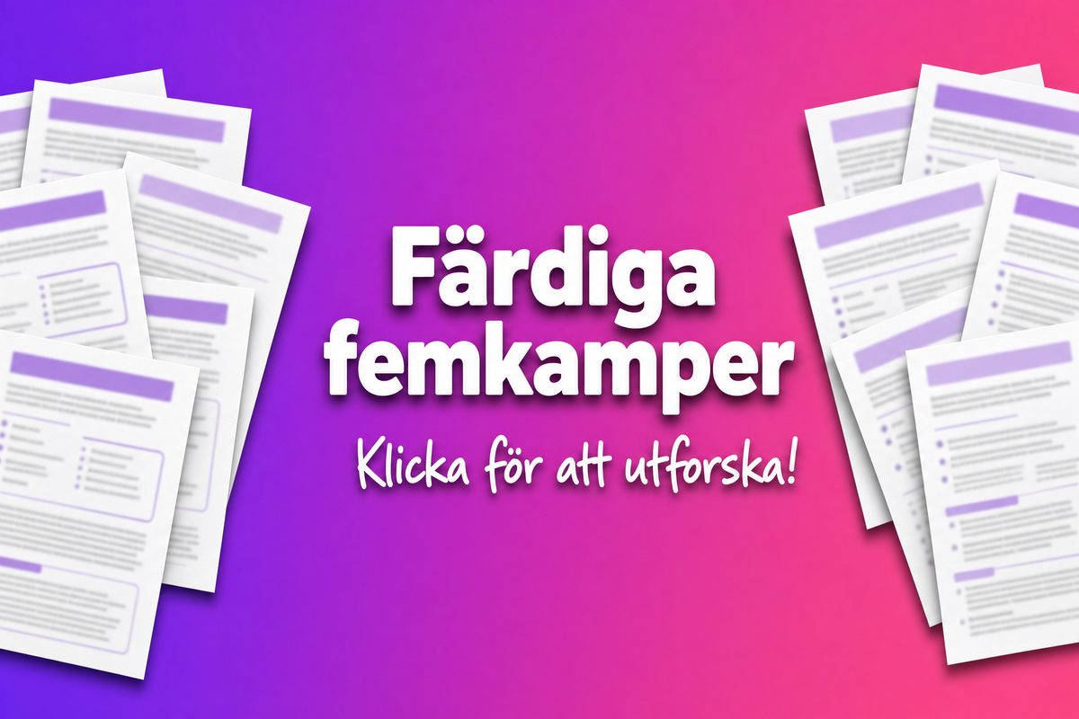 Färdiga femkamper med utskrivbara regler, grenar och poängräkning. Klicka för att utforska.