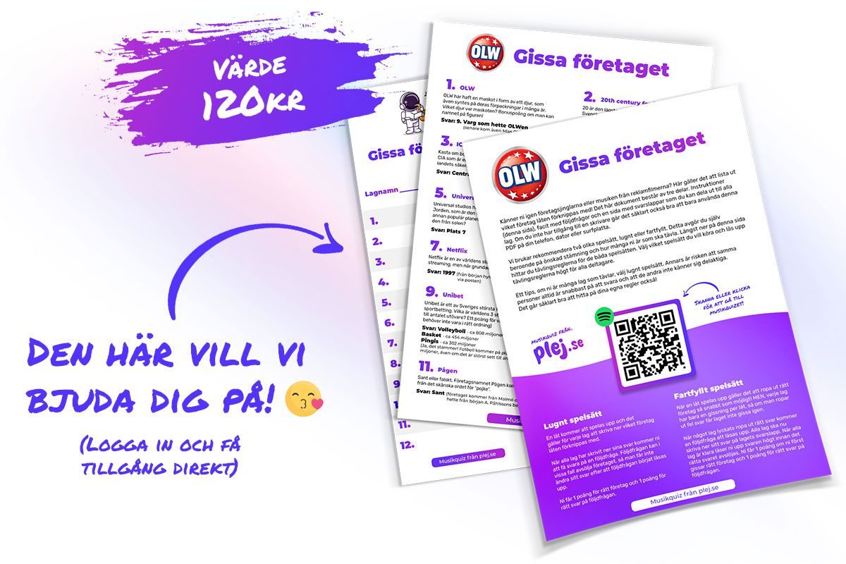 Gissa företaget: gratis musikquiz med färdig Spotifylista, följdfrågor och svarslappar. Värde 120 kr.