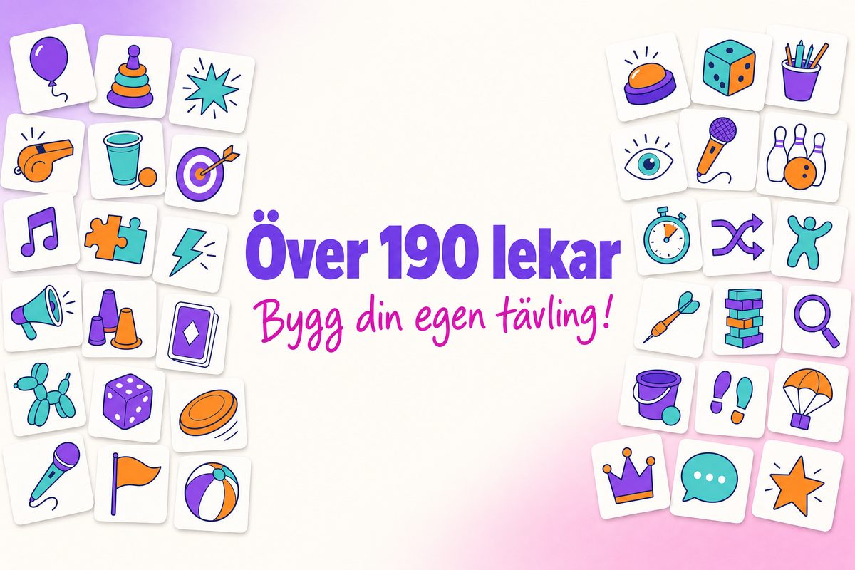 Över 190 lekar i lekbiblioteket, som du kan plocka ihop till en egen tävling.